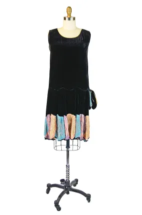 1920s Silk Velvet Sequin Hem Dress