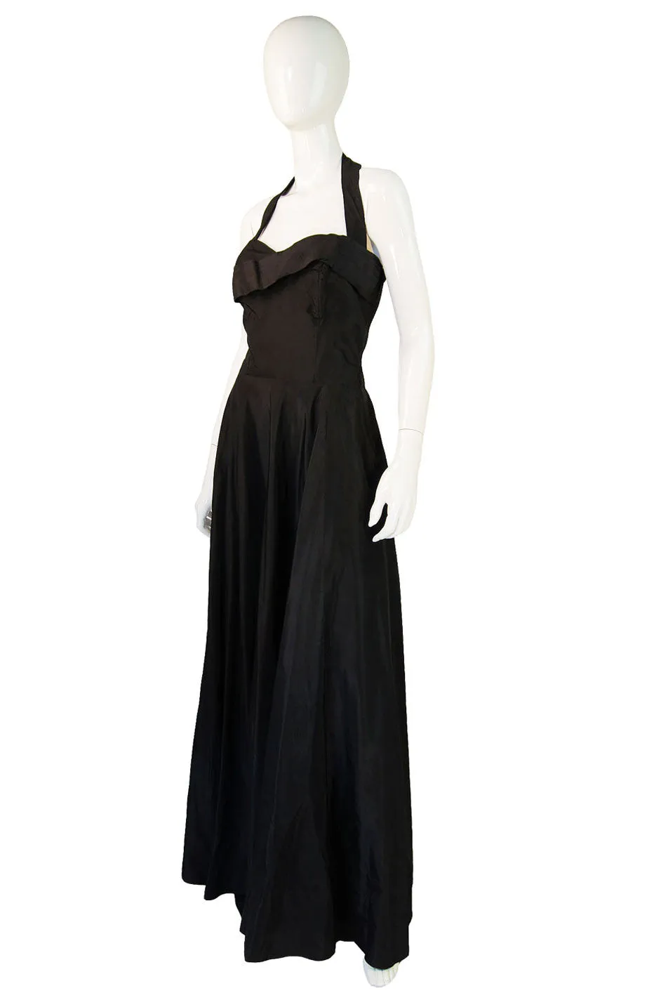 1940s Black Silk Taffeta Halter Gown