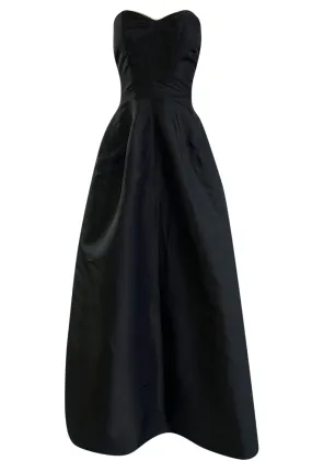 1950s Bonwit Teller Strapless Black Silk Dress w White Edging & Full Skirt