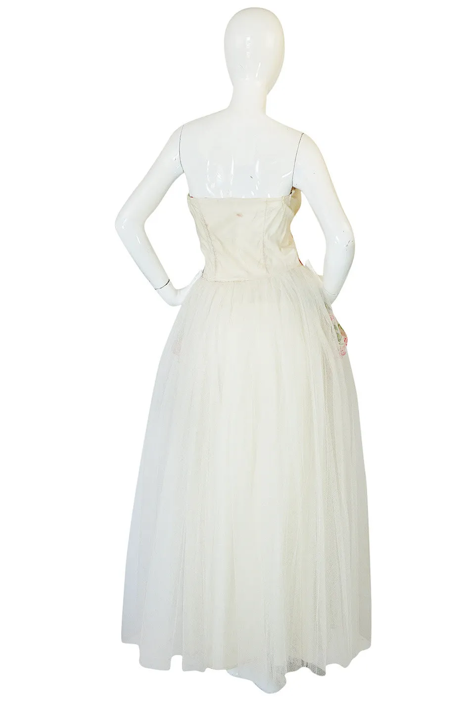 1950s Floral Embroidered & Tulle Strapless Dress