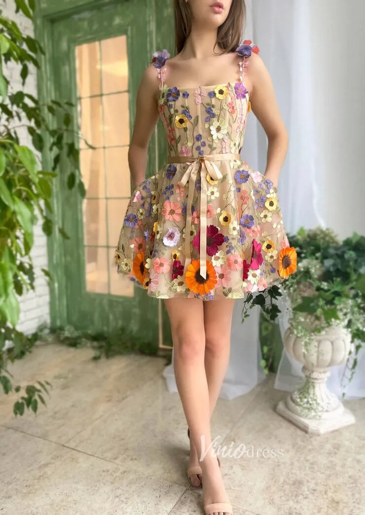 3D Flower Cocktail Dress A-line Short Floral Prom Dress FD2900B