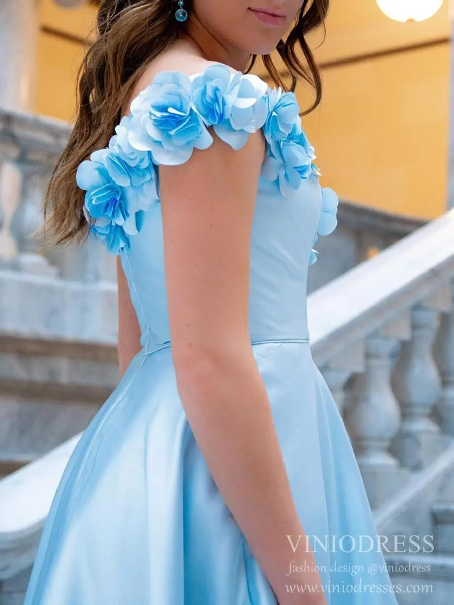 3D Flower Off the Shoulder Light Blue Prom Dresses with Pockets FD2106