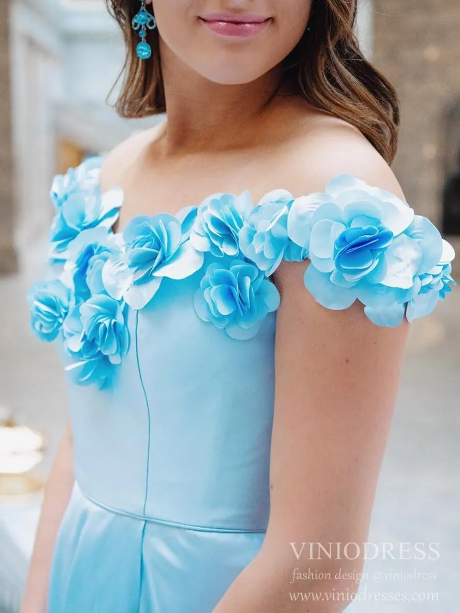 3D Flower Off the Shoulder Light Blue Prom Dresses with Pockets FD2106