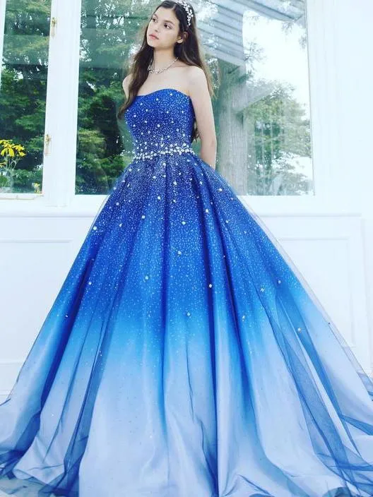 A Line Blue Strapless Sweetheart Ombre Sweep Train Ball Gown Beads Tulle Prom Dresses JS891