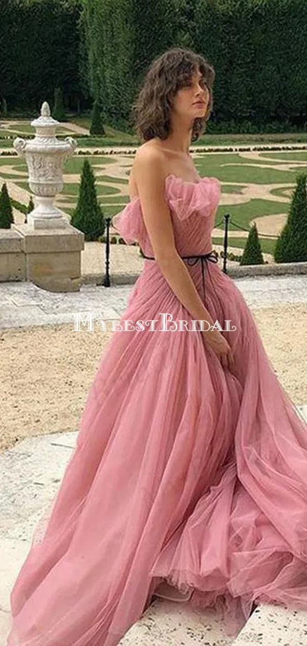 A-line Sleeveless Pink Tulle Evening Dresses ,Cheap Prom Dresses,PDY0579