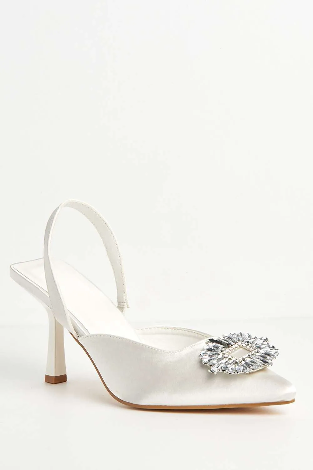 Amira Diamante Brooch Sling Back Court Shoes in Ivory Satin