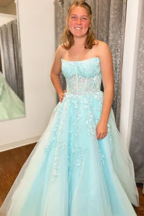 Aqua Blue Appliques Strapless A-Line Long Prom Dresses,BD93148