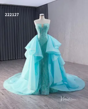 Aqua Blue Beaded Wedding Dresses with Overskirt Strapless Formal Gown 222127