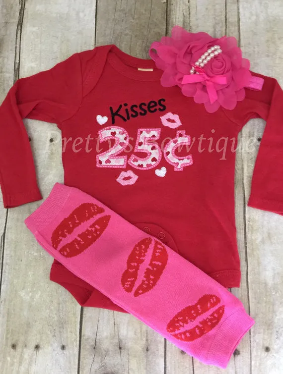 Baby Girl Valentines Outfit – Kisses 25 Cents – with Lip Leg Warmers, and Tulle and Pearl Headband in Sizes 3 Months to XL14