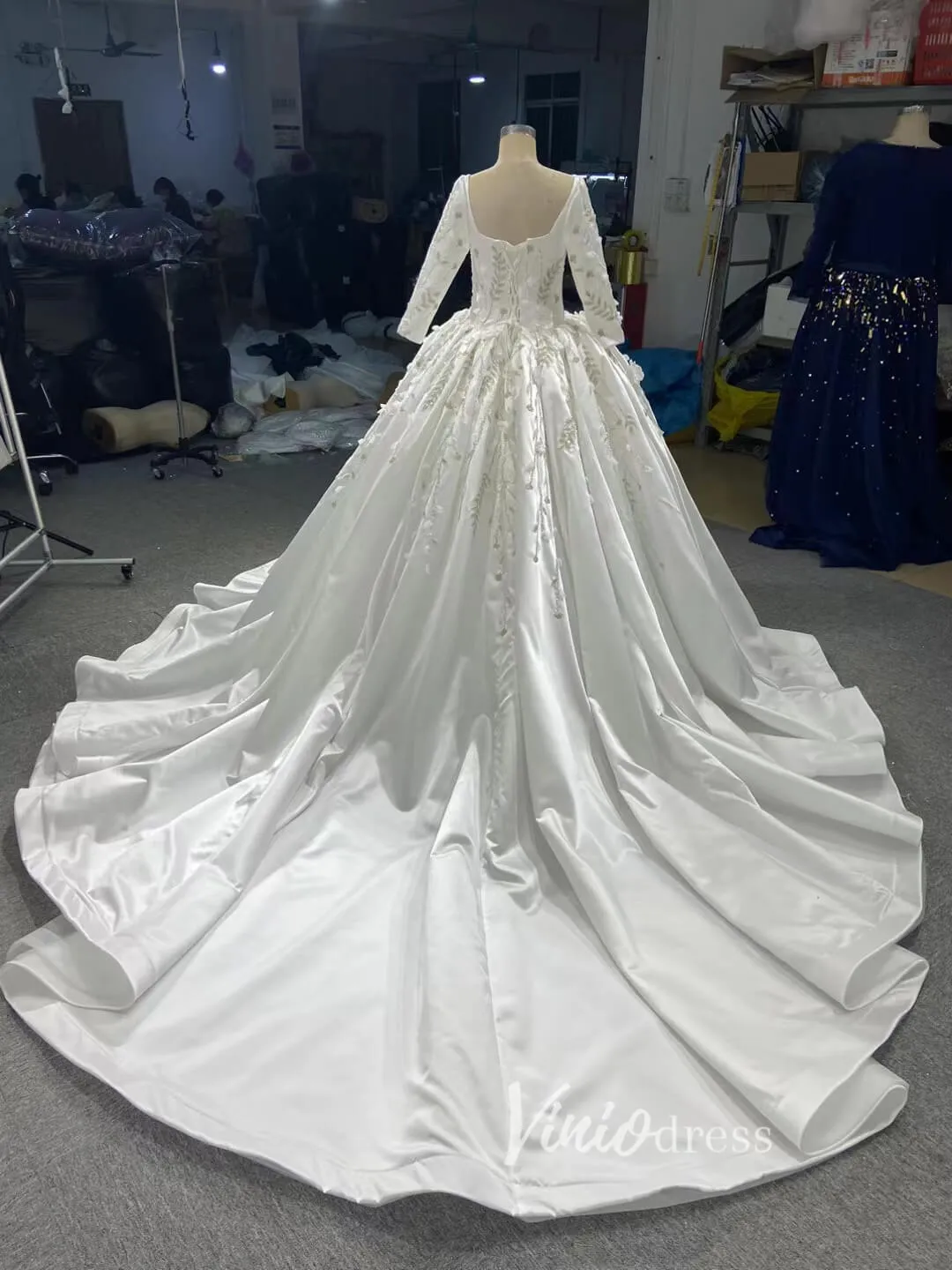 Beaded 3D Flower Satin Wedding Dresses with Sleeves 67282