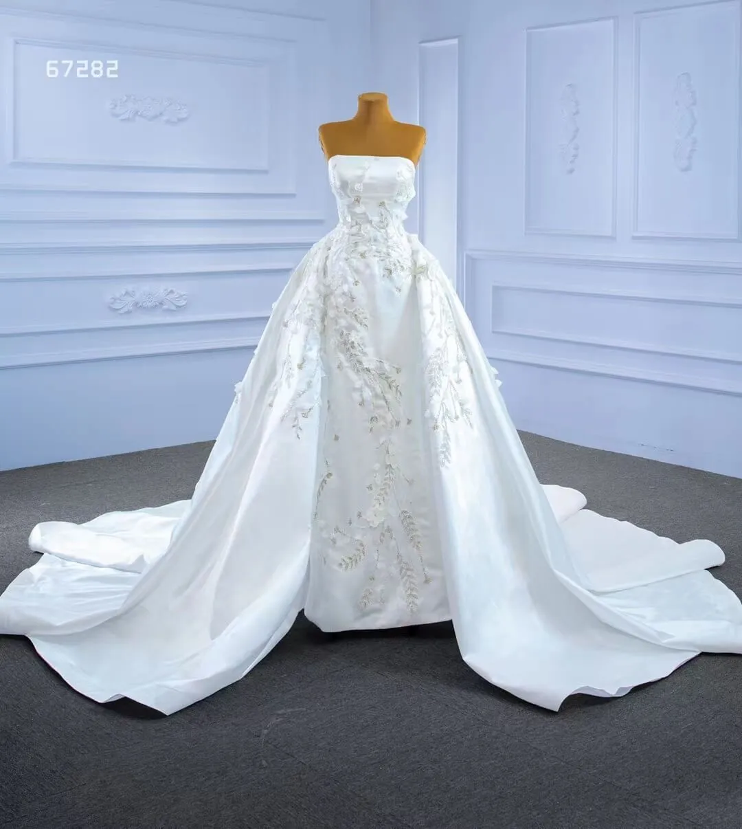 Beaded 3D Flower Satin Wedding Dresses with Sleeves 67282