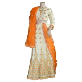 Beige Embroidered lehenga with orange or pink embroidery and contrast duppatta