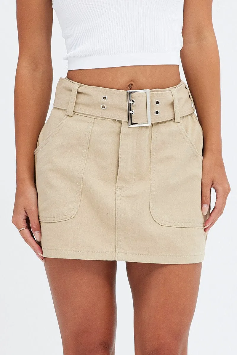 Beige Mini Skirt Low Rise Belted Cotton Blend