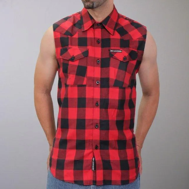 Black and Red Sleeveless Biker Shirt Flannel for Men