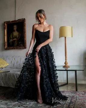 Black Floral Lace Strapless Prom Dresses with Slit Satin Bodice Lace-up Back FD4055