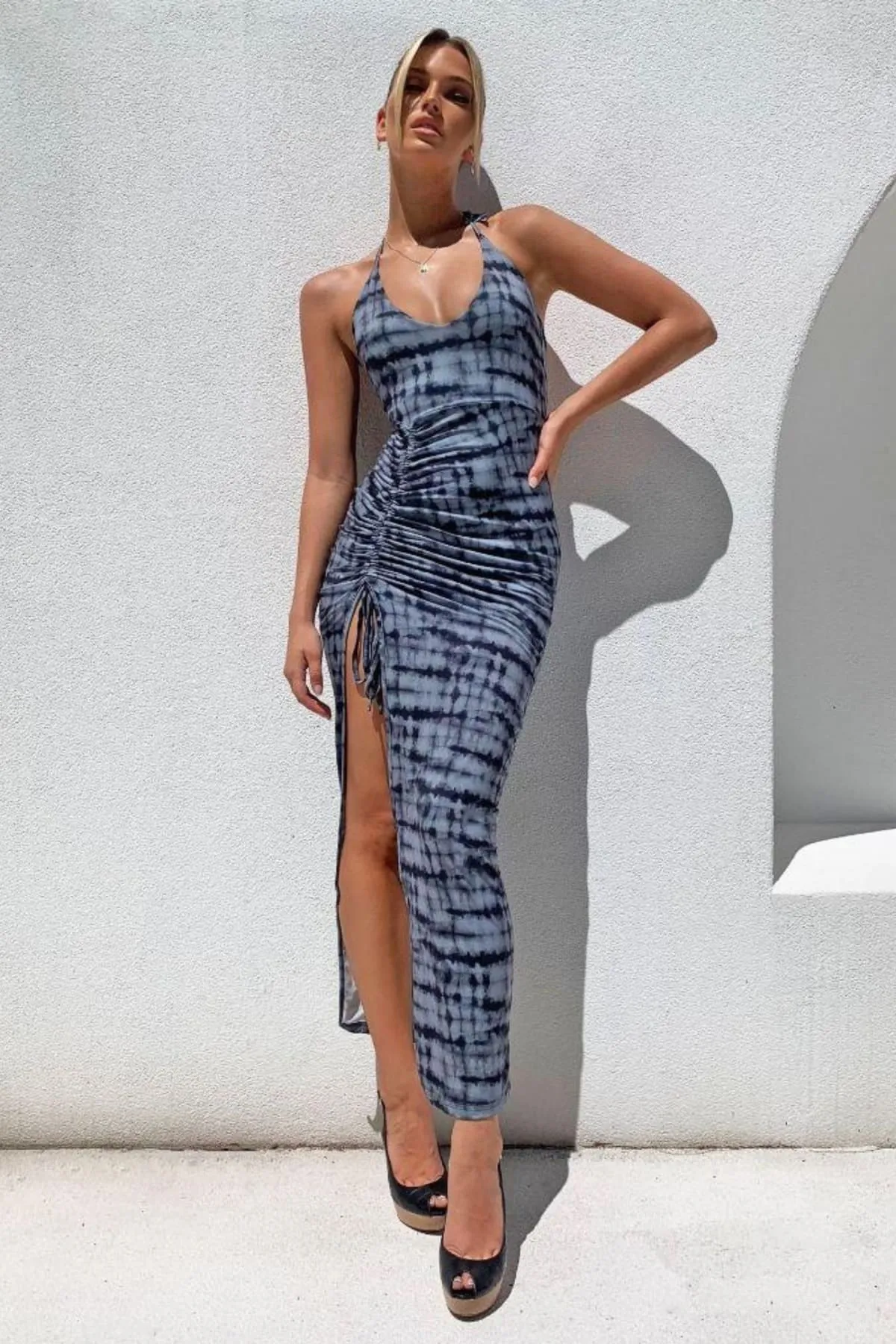 Blue Backless Ruched Maxi Dress With Slit