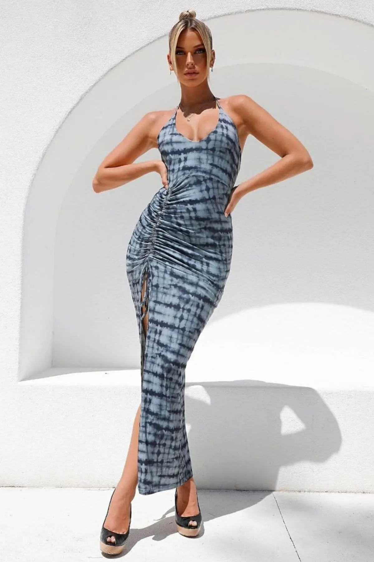 Blue Backless Ruched Maxi Dress With Slit