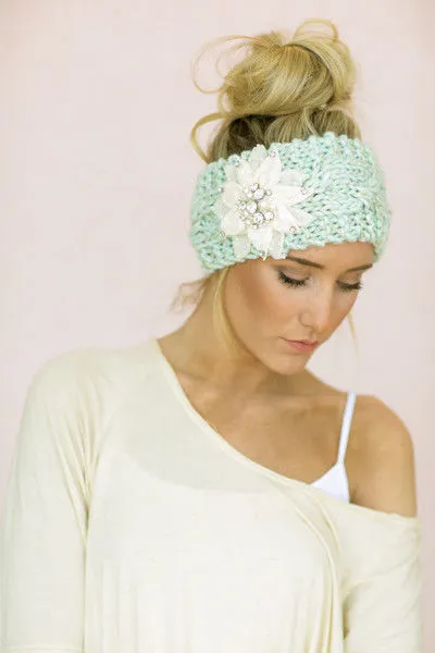 Boho Ear Warmer Headband Mint Cable Knit With White Bling Flower Crystals Pearls One Size