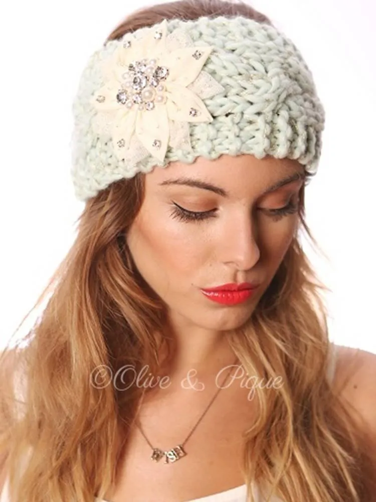 Boho Ear Warmer Headband Mint Cable Knit With White Bling Flower Crystals Pearls One Size