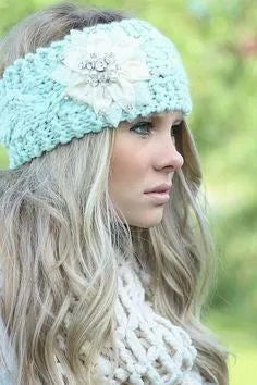 Boho Ear Warmer Headband Mint Cable Knit With White Bling Flower Crystals Pearls One Size