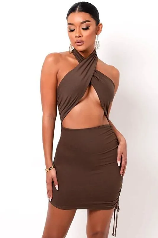 Brown Halter Wrap Ruched Cutout Mini Dress