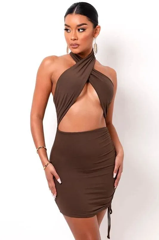 Brown Halter Wrap Ruched Cutout Mini Dress