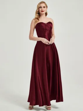 Burgundy Satin Sweetheart Strapless Maxi Pleated Bridesmaid Dress