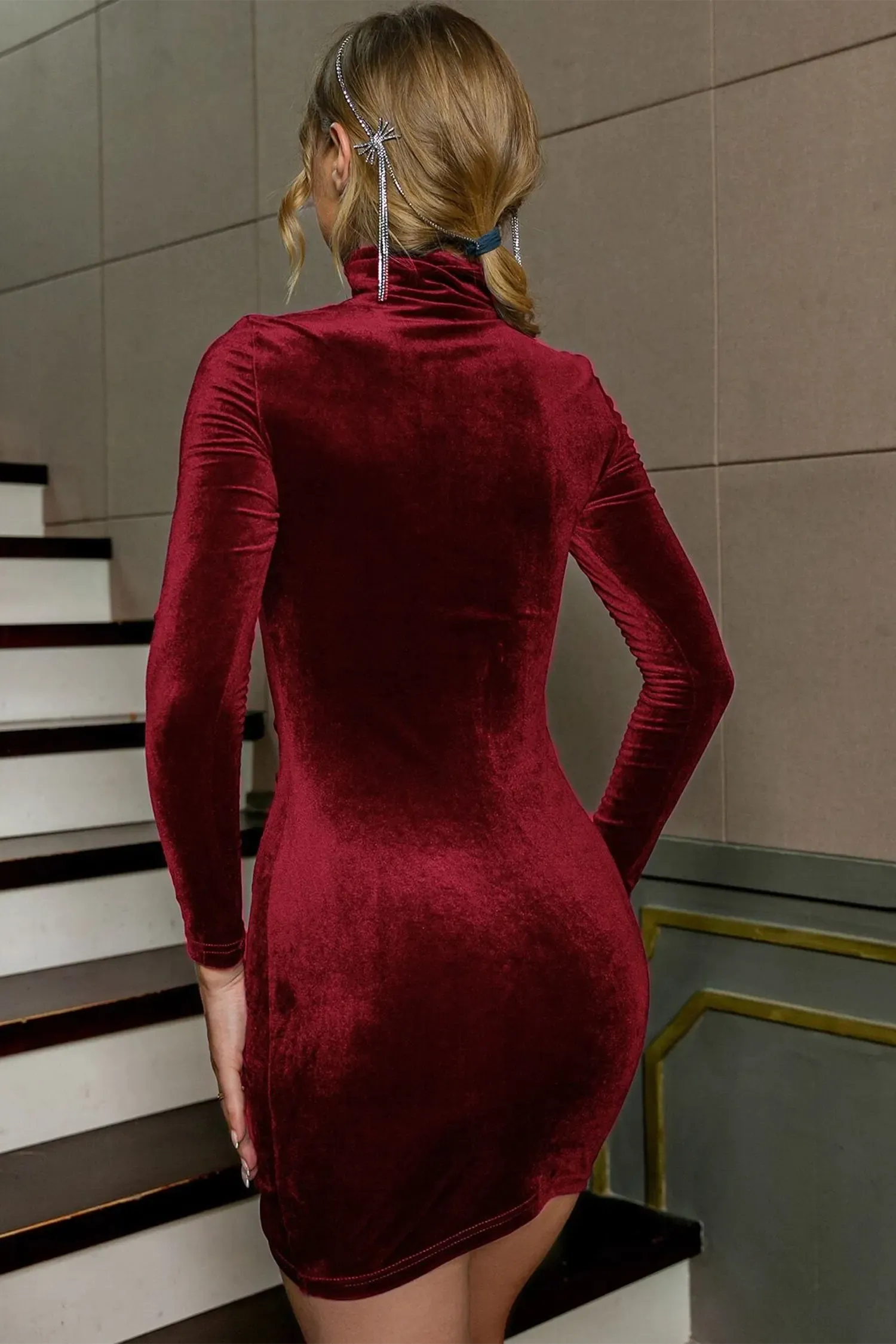 Burgundy Velvet Long Sleeve Ruched Turtleneck Mini Dress