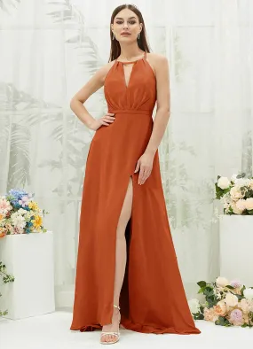 Burnt Orange Chiffon Halter V-Neck Slit  Backless Maxi Bridesmaid Dress