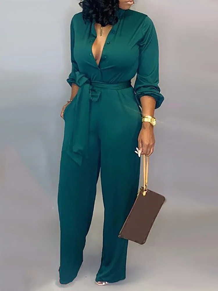 Button Belted Wide Leg Jumpsuit