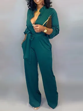 Button Belted Wide Leg Jumpsuit