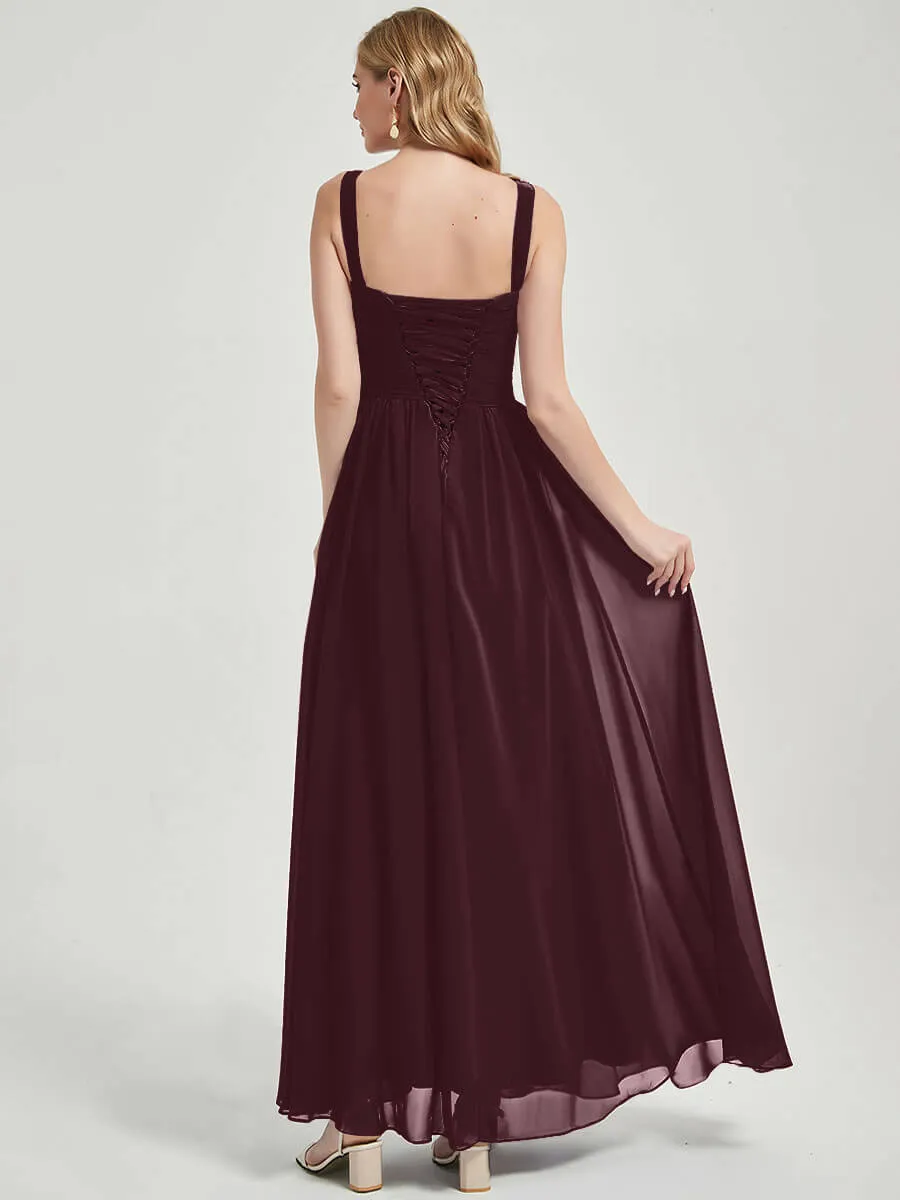 Cabernet Wide Straps Sleeveless V-Neck Pleated Flowy Bridesmaid Dress