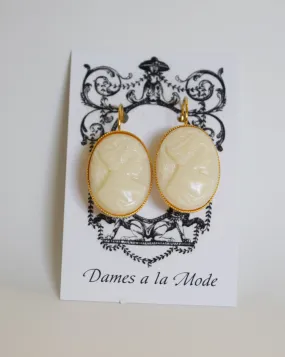 Cameo Earrings - White Milk Glass - Large