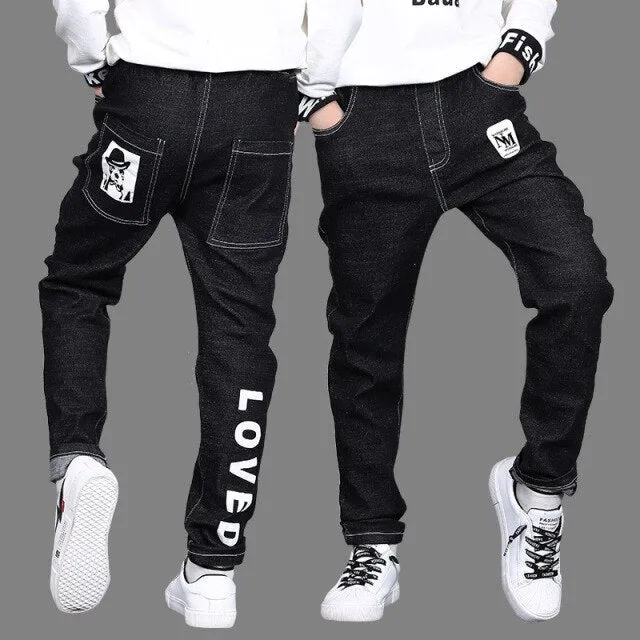 Casual Big Boys Jeans Pants Autumn Washing Black Denim Trousers Kids Cartoon Long Pant Children Clothing 4 8 12 13Years New 2020