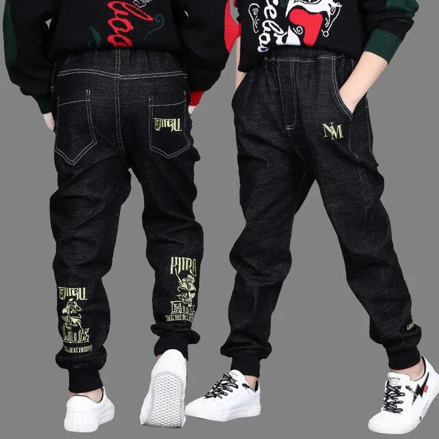 Casual Big Boys Jeans Pants Autumn Washing Black Denim Trousers Kids Cartoon Long Pant Children Clothing 4 8 12 13Years New 2020