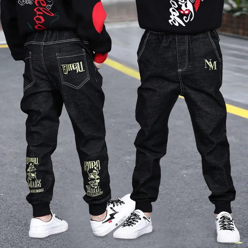 Casual Big Boys Jeans Pants Autumn Washing Black Denim Trousers Kids Cartoon Long Pant Children Clothing 4 8 12 13Years New 2020