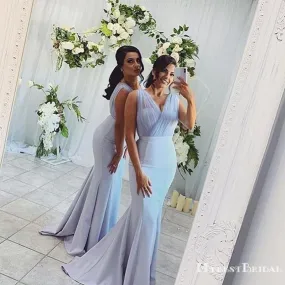 Charming Elegant V-neck Mermaid Long Cheap Bridesmaid Dresses, BDS0056