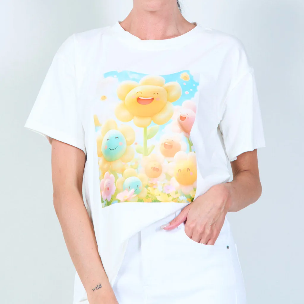 Cheerful flower graphic t-shirt wholesale