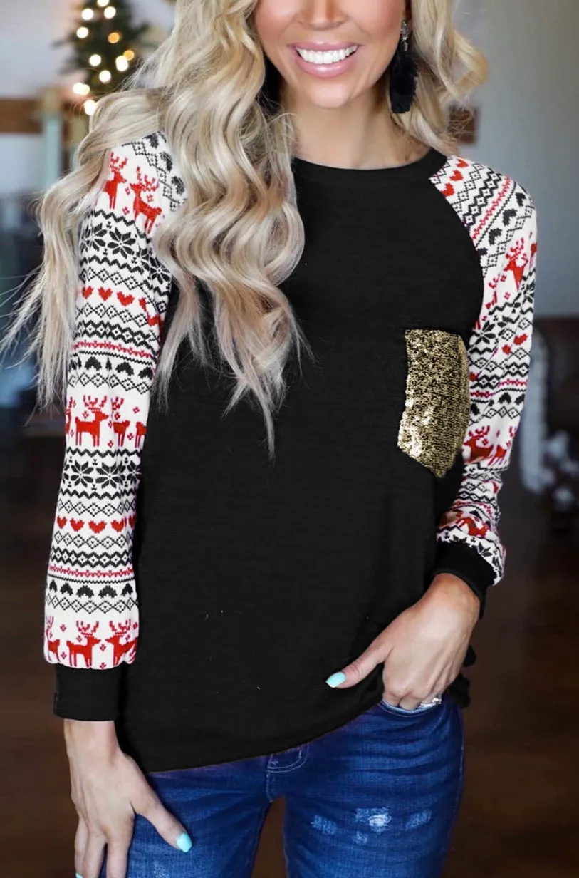 Christmas T-Shirt Pullover Long Sleeve Sequin Pocket RaglanTop