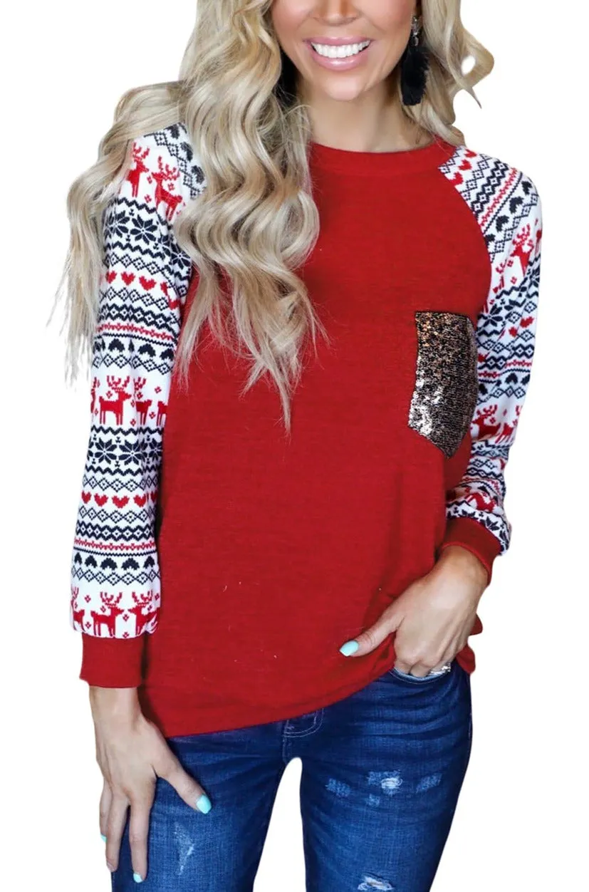 Christmas T-Shirt Pullover Long Sleeve Sequin Pocket RaglanTop