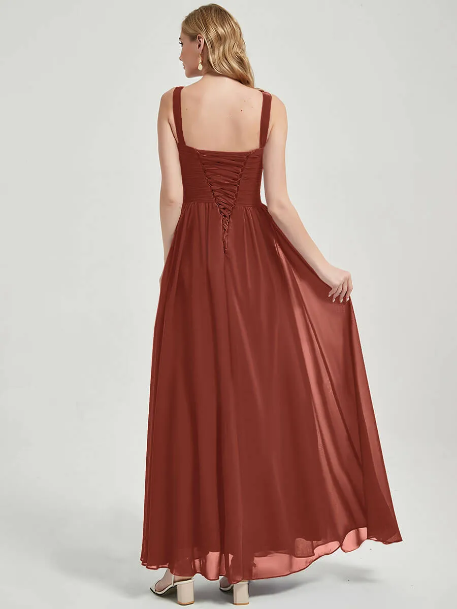 Cinnamon Rose Wide Straps Sleeveless V-Neck Pleated Bridesmaid Dress