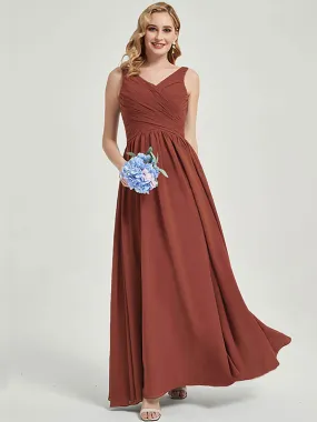 Cinnamon Rose Wide Straps Sleeveless V-Neck Pleated Bridesmaid Dress