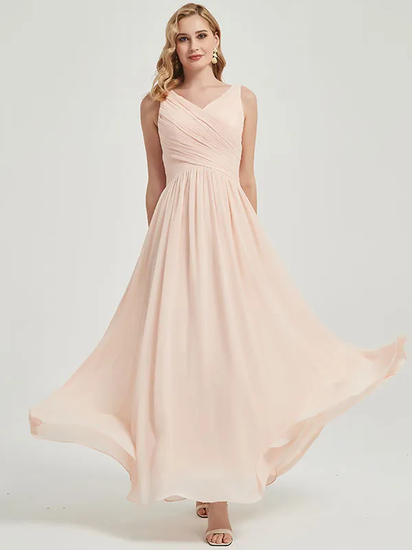 Cinnamon Rose Wide Straps Sleeveless V-Neck Pleated Bridesmaid Dress