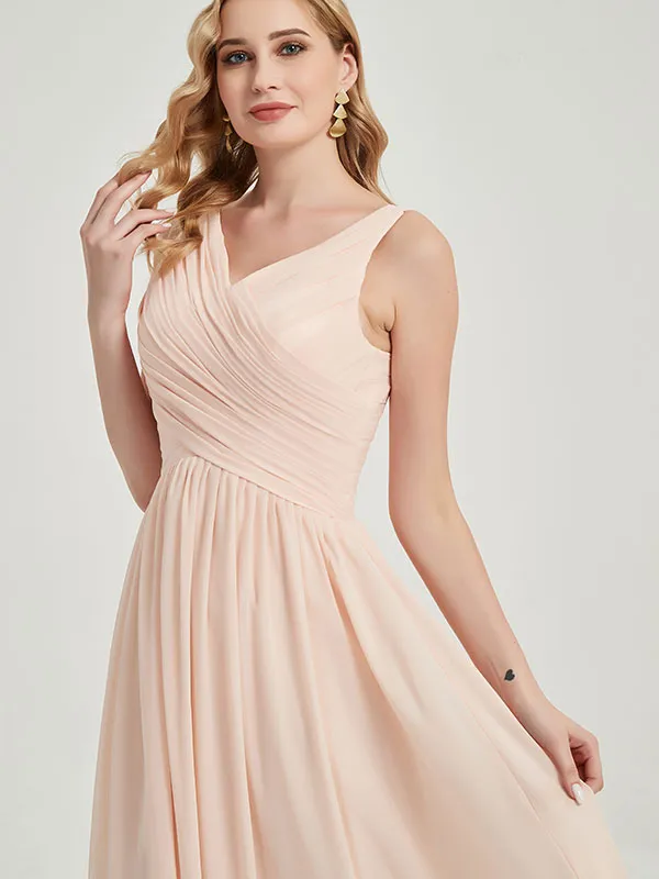 Cinnamon Rose Wide Straps Sleeveless V-Neck Pleated Bridesmaid Dress