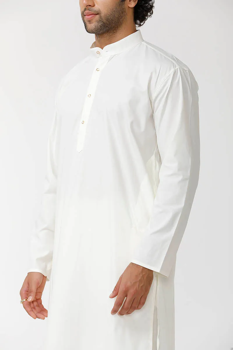 Classic - Cream Cotton Knee Length Kurta and Pyjama Combo For Men | Uathayam