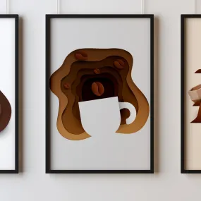 Coffee Five Kitchen Wall Art Prints Dining Room Home Décor Poster Minimalistic Paper Cut Art