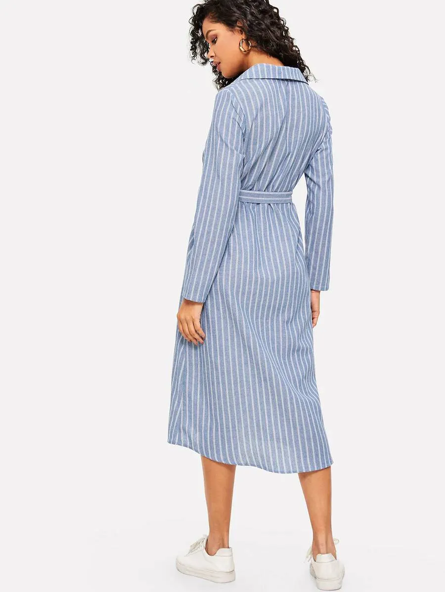 Collared V-Neck Belted Striped Dress