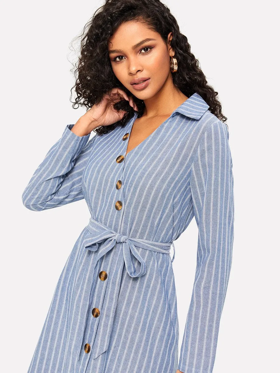 Collared V-Neck Belted Striped Dress