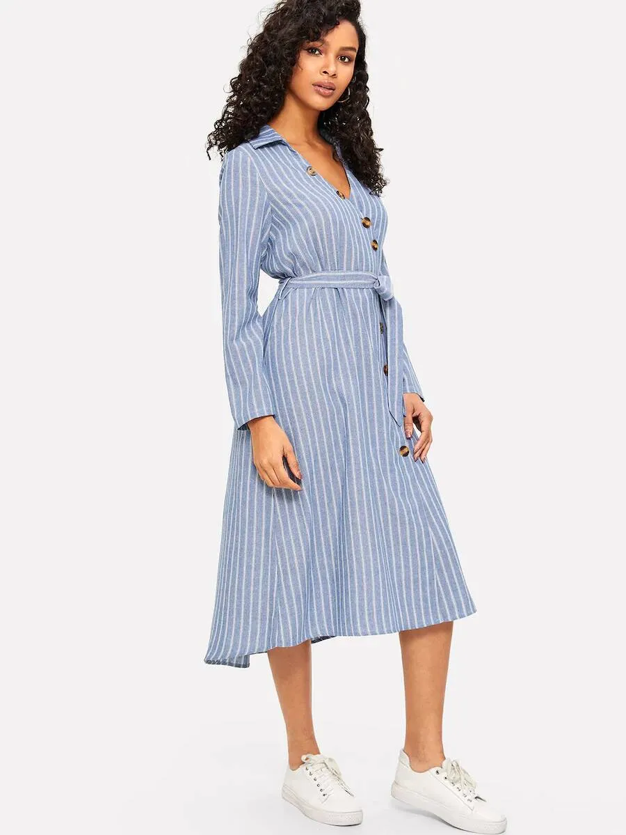 Collared V-Neck Belted Striped Dress