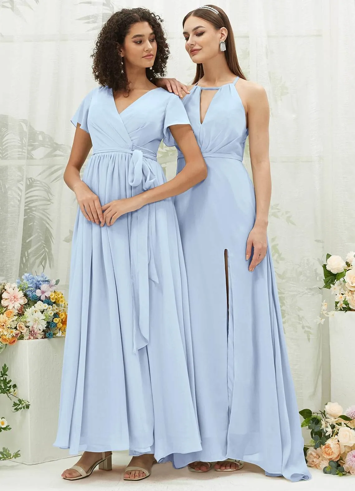 Cornflower Blue Chiffon Halter V-Neck Slit  Backless Maxi Bridesmaid Dress